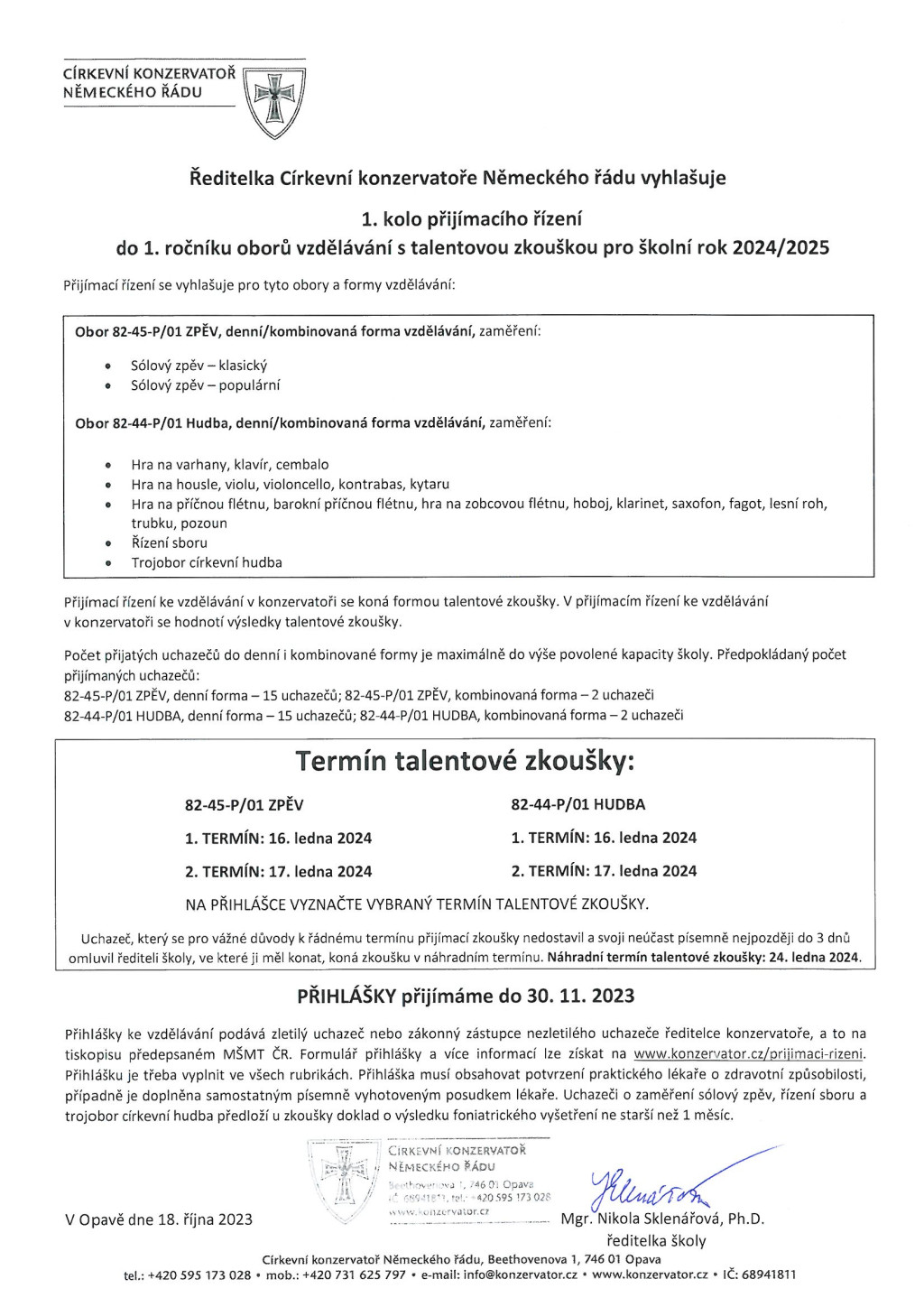 Vyhlášení 1. kola PŘIJÍMACÍHO ŘÍZENÍ
